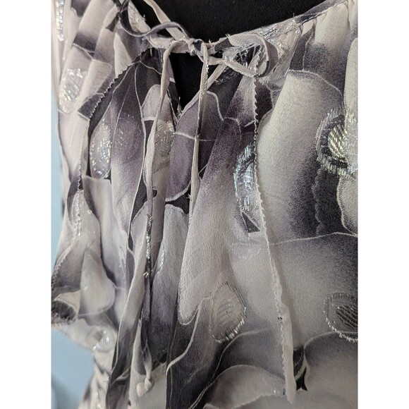 WHBM Silk Blouse Women's S Black White Silver Clip Dot Floral Ruched Romantic - Picture 4 of 13